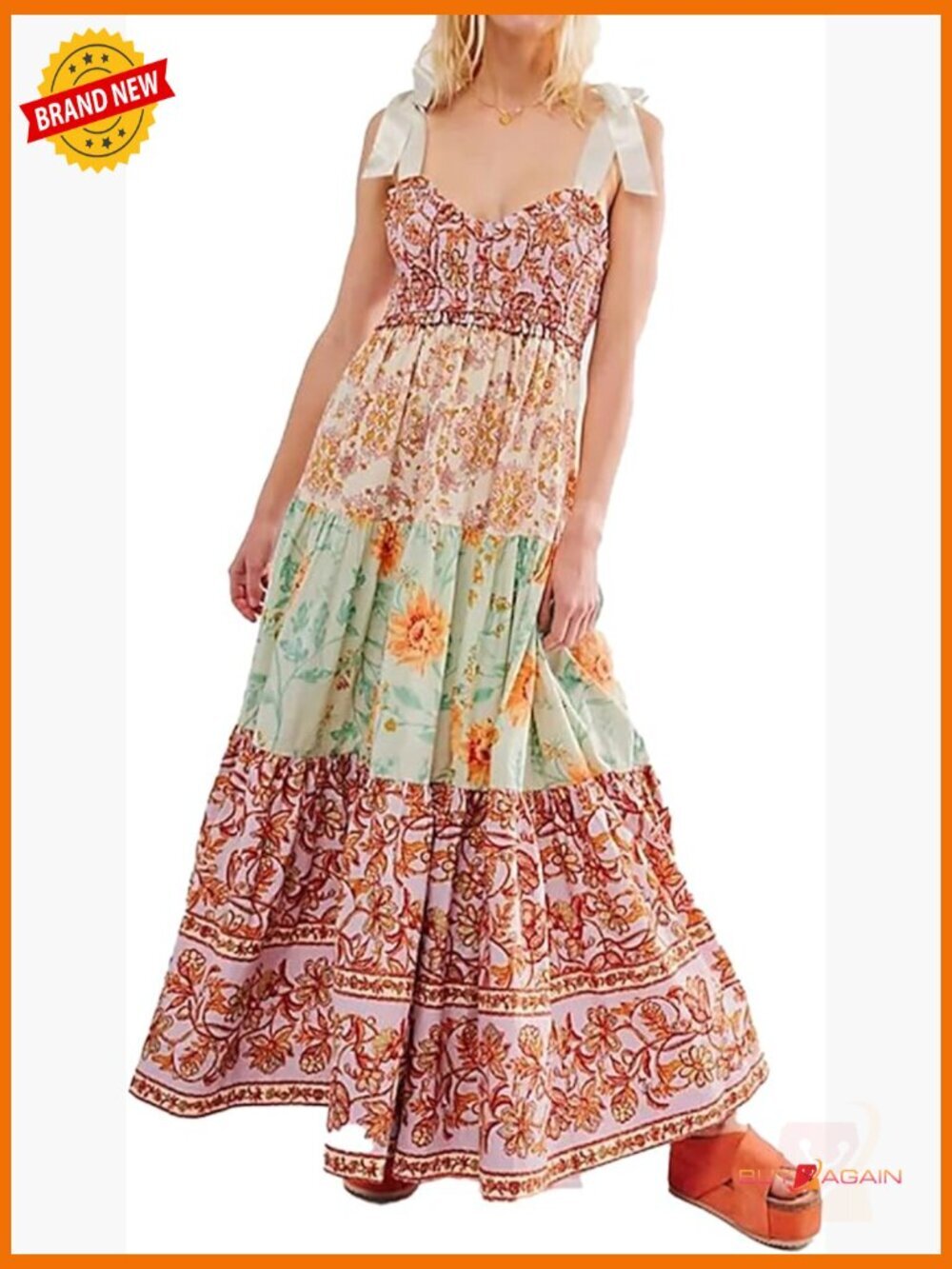 Women Floral Maxi Dress Tie Shoulder Smocked Flowy Boho with Pockets